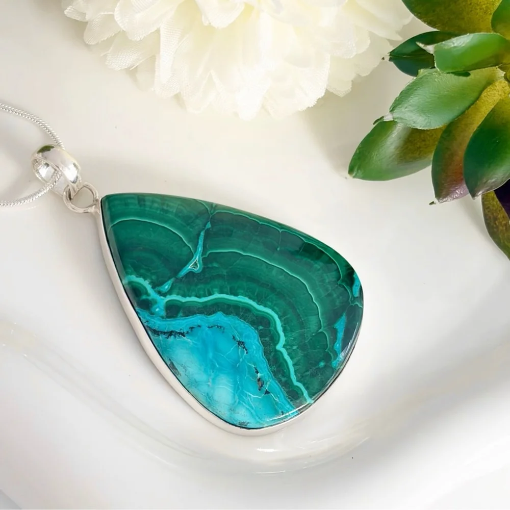 Pure Sterling Silver 925 XL Top Quality Malachite Chrysocolla Pendant Pear New